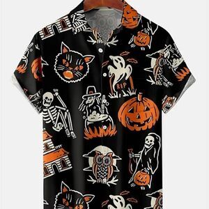 Halloween Button Down Lapel Collar Short Sleeve Mens Shirt XL -F